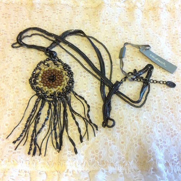 Vintage NEW sandwich jewellery Handmade Bead Pendant VTG Oxidize Silver Necklace - Picture 1 of 7